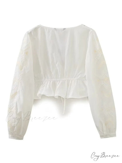 Cotton Embroidered Women’s Crop Arm Drape V-neck Long Retro Sweet Top