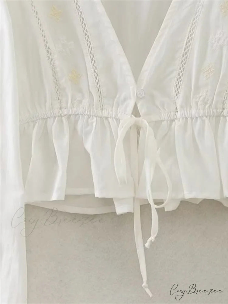 Cotton Embroidered Women’s Crop Arm Drape V-neck Long Retro Sweet Top White / XS