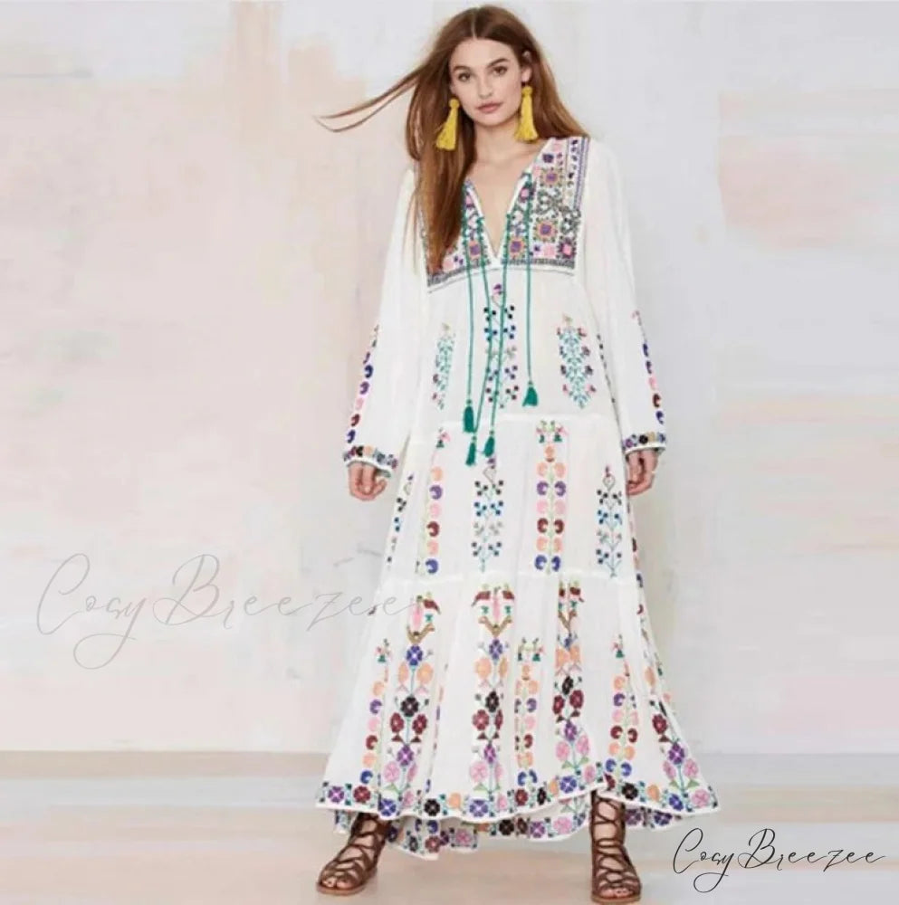 Cotton Floral Embroidered Maxi Dress bohodress-250126