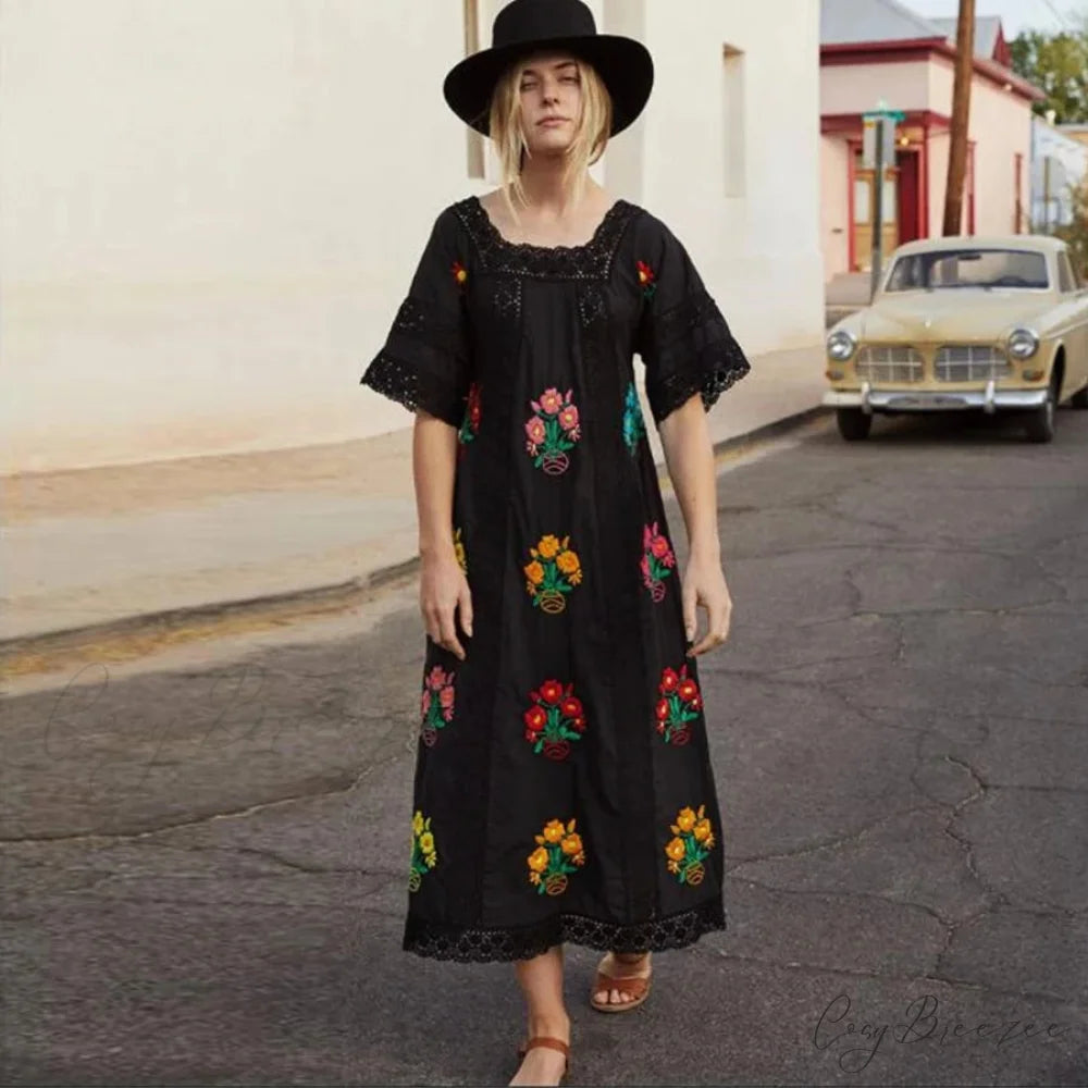 Cotton Floral Embroidery Boho Dress Black / S bohodress-250126