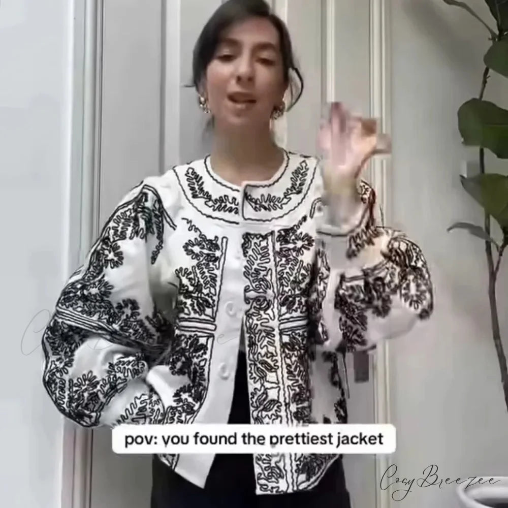 Cotton Floral Embroidery Lantern Sleeve Boho Jacket bohoblouse-250126