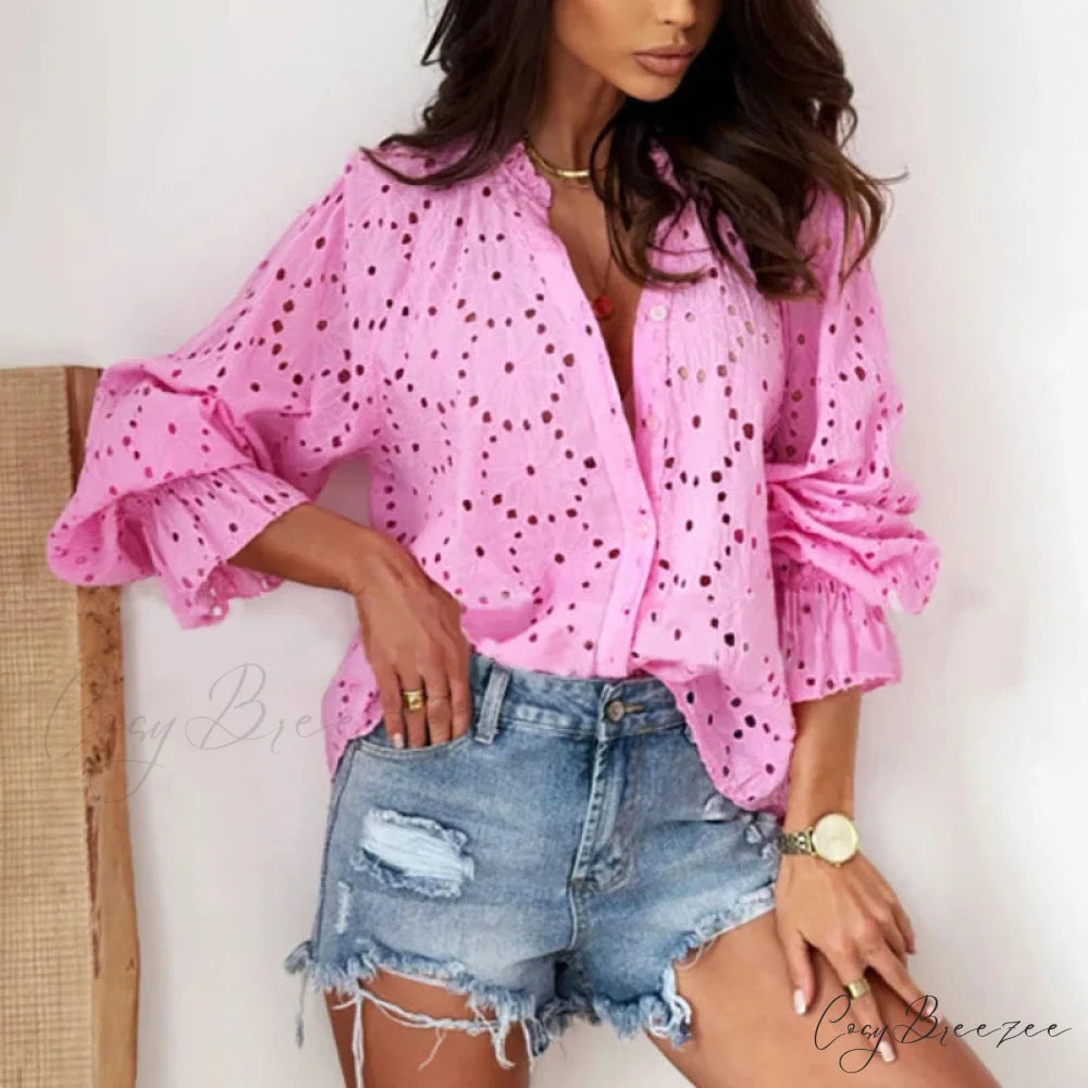 Cotton Floral Embroidery V-Neck Long Sleeve Blouse bohoblouse-250126