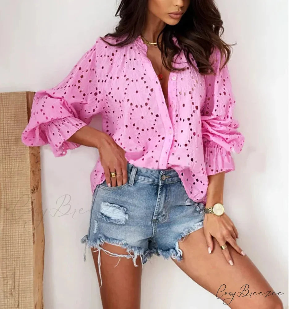 Cotton Floral Embroidery V-Neck Long Sleeve Blouse Pink / S bohoblouse-250126