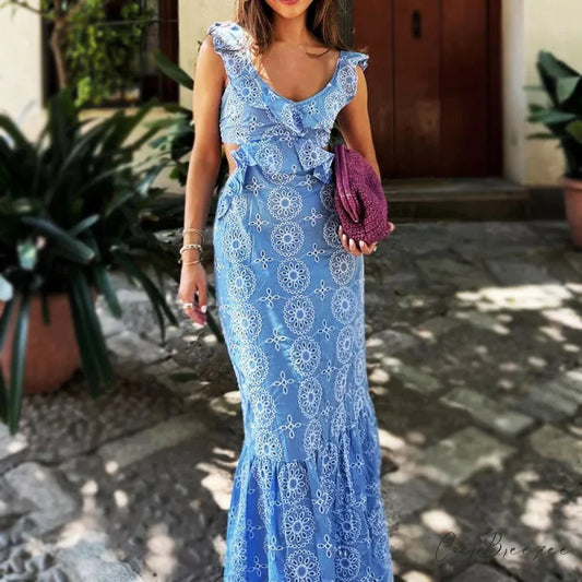 Cotton Floral Lace Party Boho Dress ROYAL BLUE / S bohodress-250126