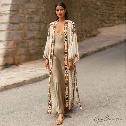 Cotton Floral Print Kimono Cover-up Beige / One Size bohodress-250126