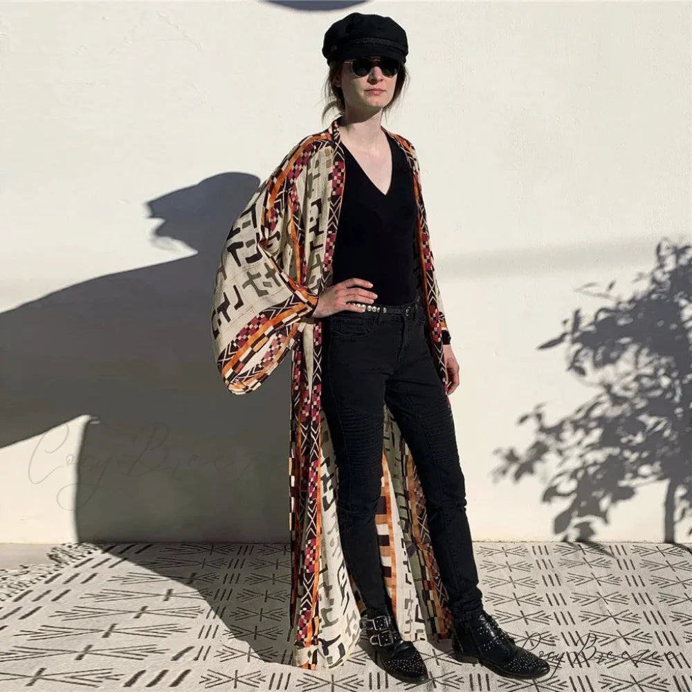 Cotton Floral Print Kimono Cover-up Black / One Size bohodress-250126