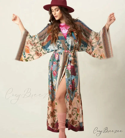 Cotton Floral Printed Boho Beach Kimono Cover Up color2 / One Size bohocoverup-250126