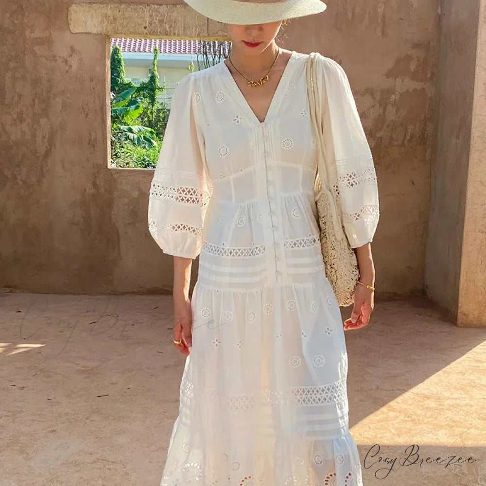 Cotton Floral V-neck Slim Summer Boho Dress off white / S bohodress-250126