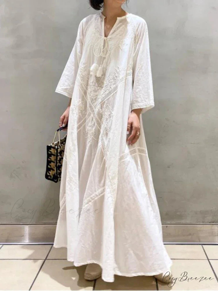 Cotton Linen Beach White V Neck Embroidered Boho Dress White / One Size