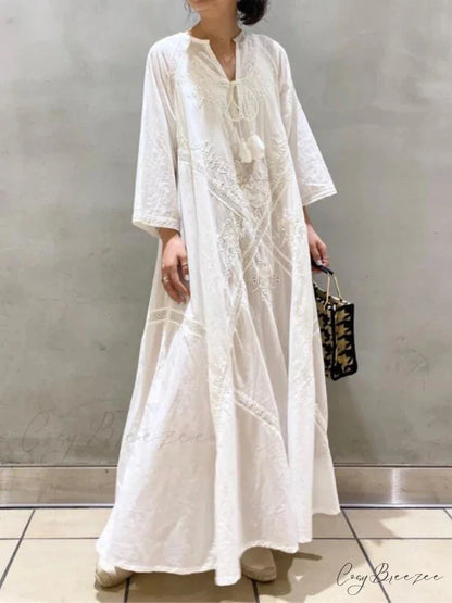 Cotton Linen Beach White V Neck Embroidered Boho Dress White / One Size