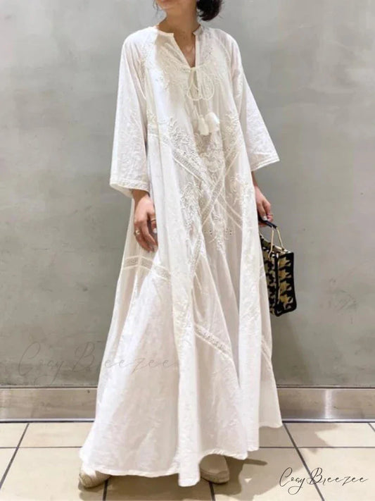 Cotton Linen Beach White V Neck Embroidered Boho Dress White / One Size