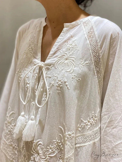 Cotton Linen Beach White V Neck Embroidered Boho Dress White / One Size