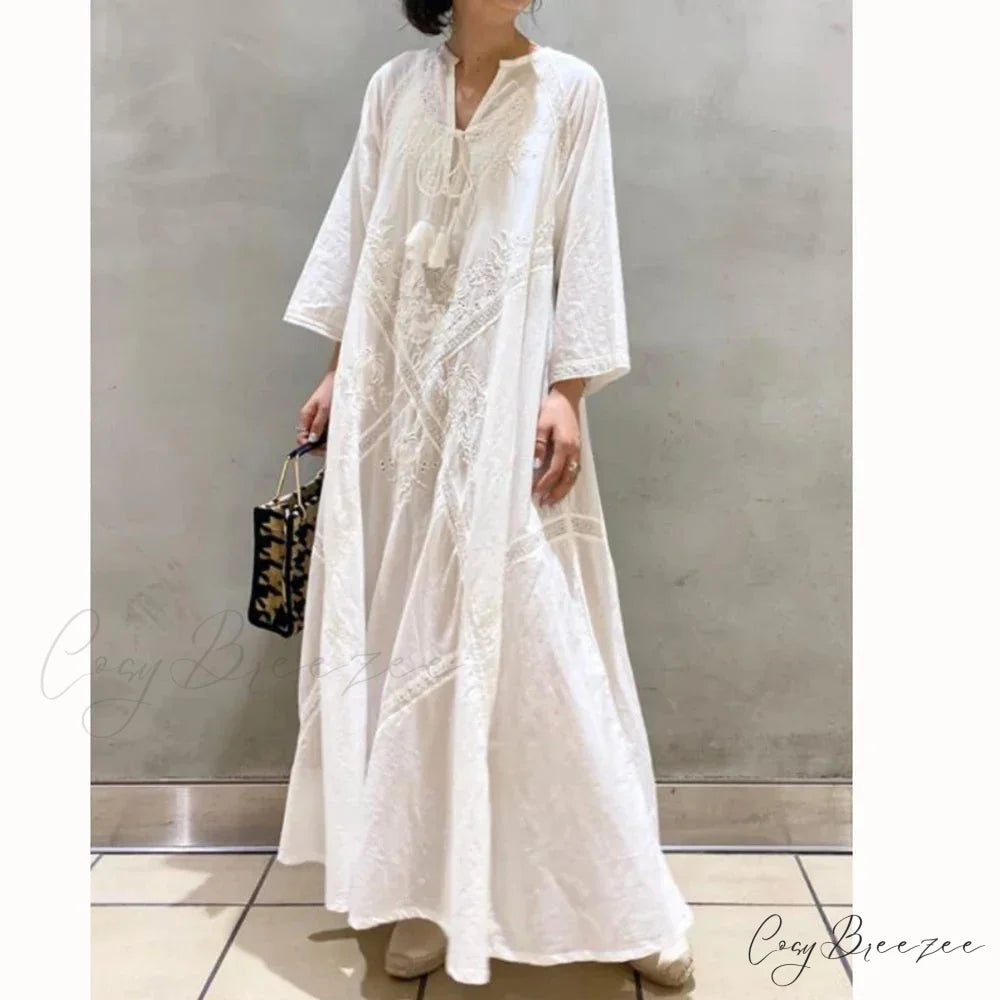 Cotton Linen Beach White V Neck Embroidered Boho Dress White / One Size