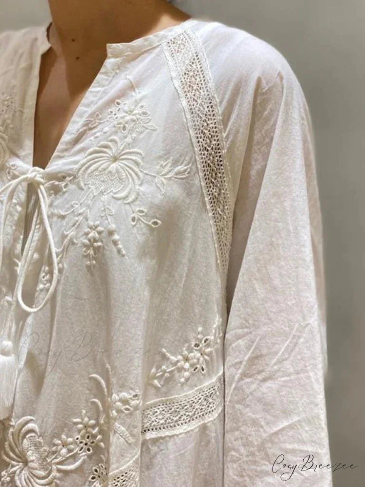 Cotton Linen Beach White V Neck Embroidered Boho Dress White / One Size