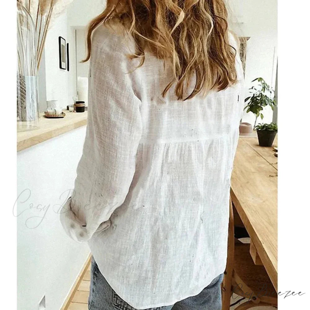 Cotton Linen Button-up Blue Office Crop Top blouse-250126