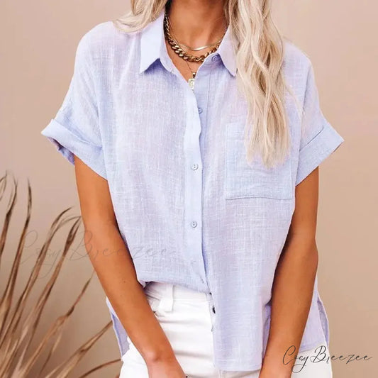 Cotton Linen Casual Short Sleeve Elegant Crop Top blouse-250126