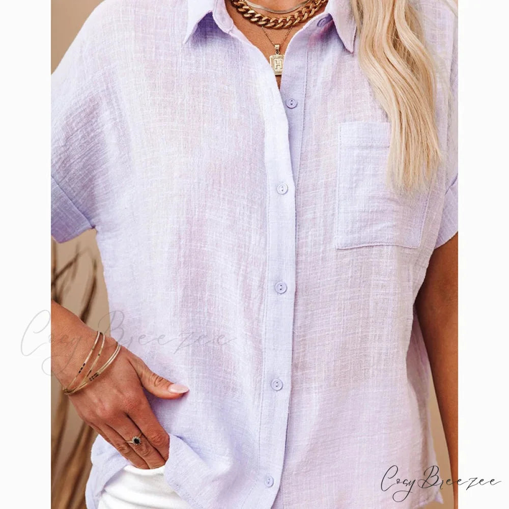 Cotton Linen Casual Short Sleeve Elegant Crop Top blouse-250126