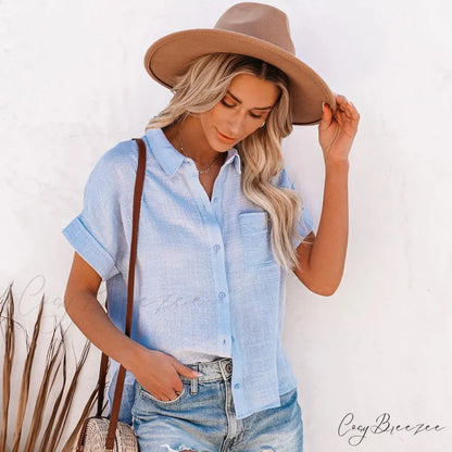 Cotton Linen Casual Short Sleeve Elegant Crop Top Blue / S blouse-250126