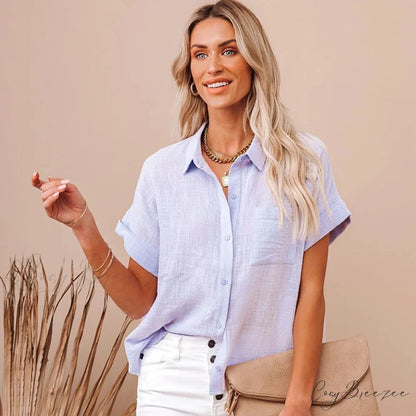 Cotton Linen Casual Short Sleeve Elegant Crop Top Light Purple / S blouse-250126