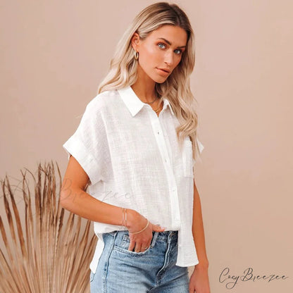 Cotton Linen Casual Short Sleeve Elegant Crop Top WHITE / S blouse-250126