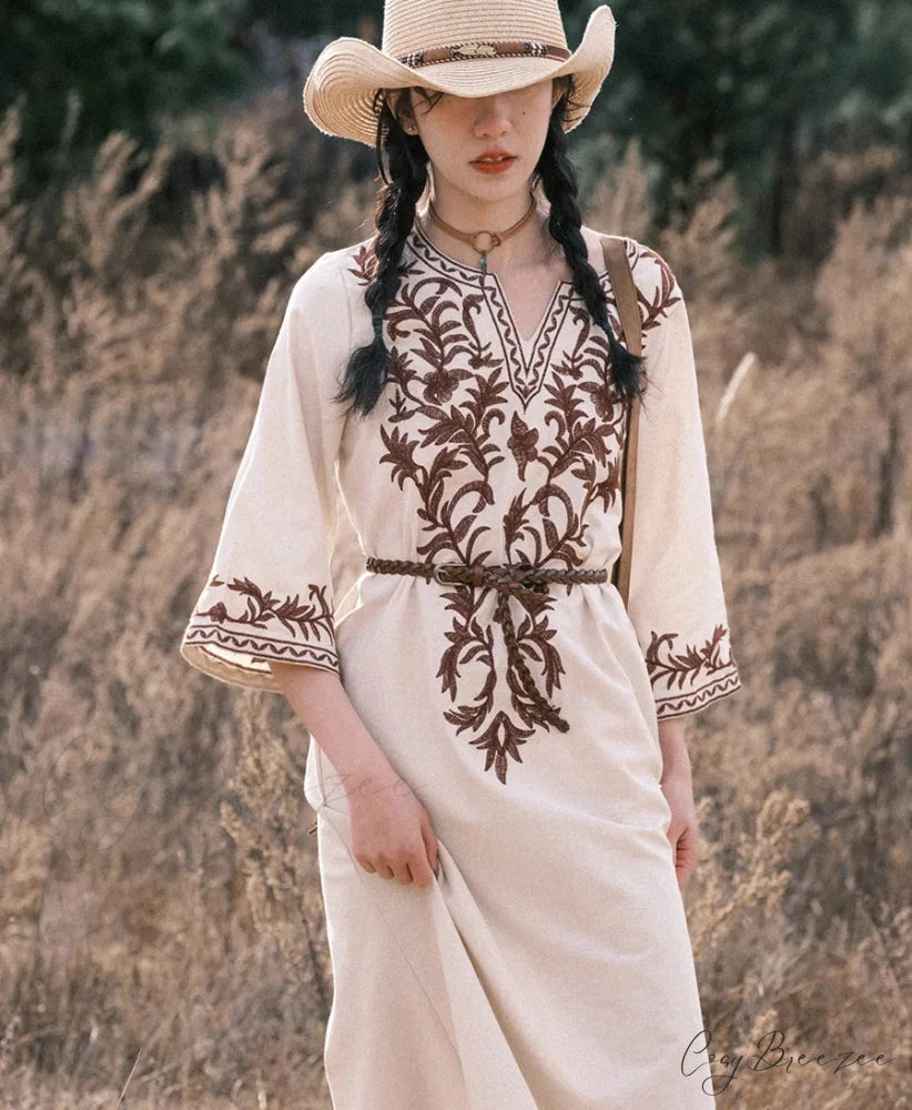 Cotton Linen Floral Boho Dress bohodress-250126