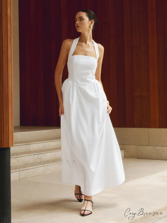 Cotton & Linen Halter Modern A Line Long Dress White / XS