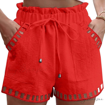 Cotton Linen Hollow-Out Beach Shorts Red / S short-250223