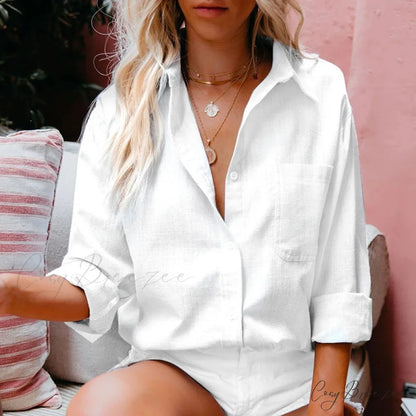 Cotton Linen Long Sleeve Button-up Office Crop Top WHITE / S blouse-250126