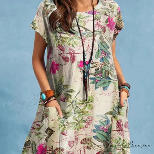 Cotton Linen Loose O-neck Floral Dress oldfloraldress-250126