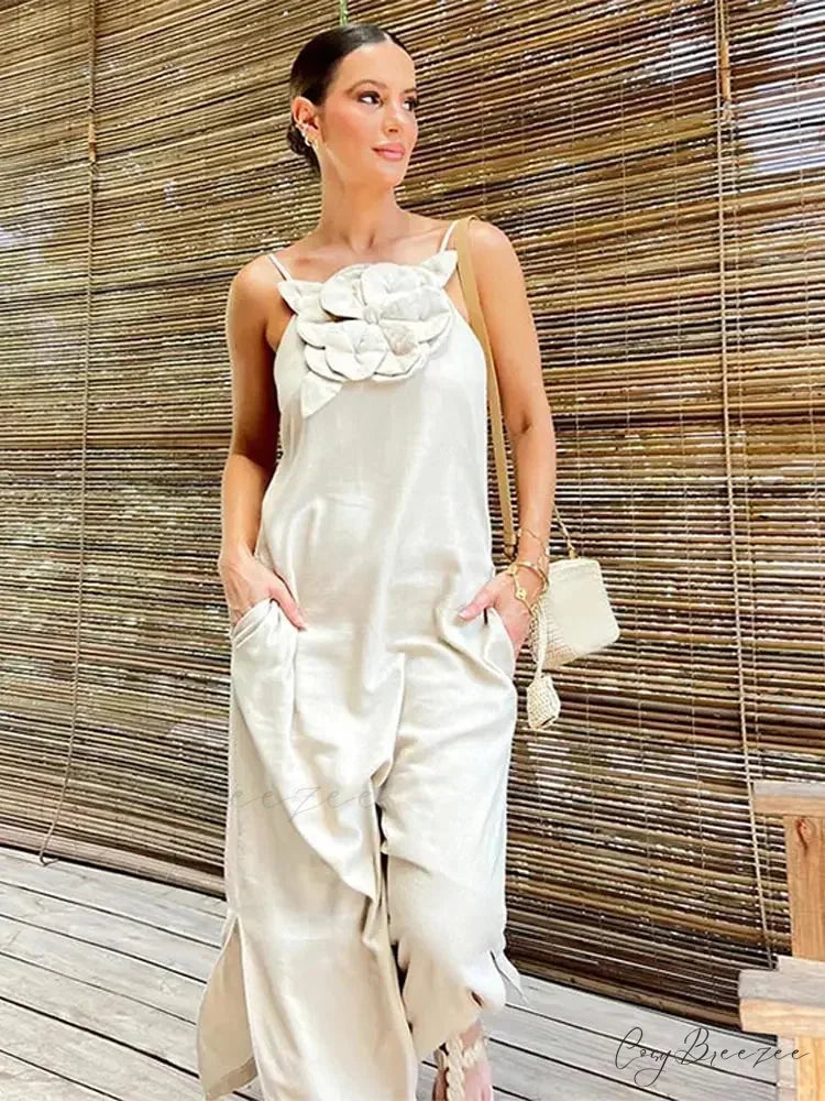 Cotton Linen Split 3D Flower Solid Sling Maxi Dress floraldress-250126