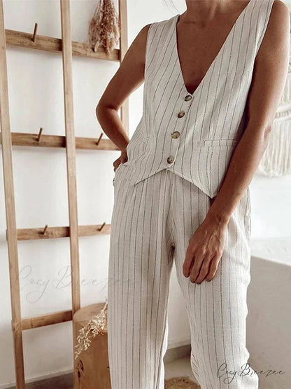 Cotton Linen Striped Wide Fit Work Set officetwopieceset-250223