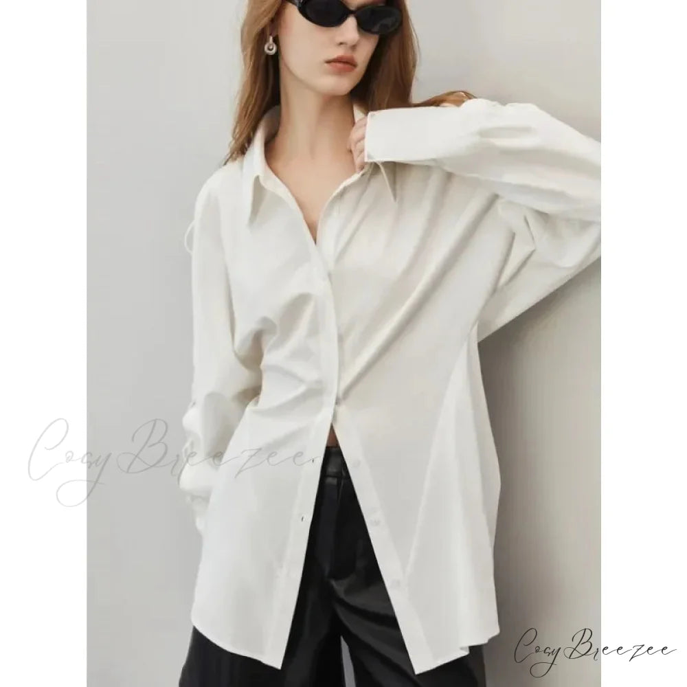 Cotton Long Sleeve Button Up Casual Office Crop Top blouse-250126