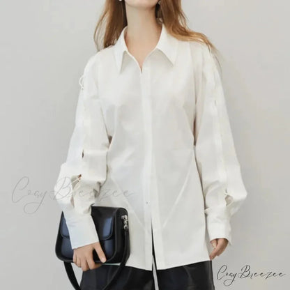 Cotton Long Sleeve Button Up Casual Office Crop Top blouse-250126