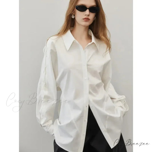 Cotton Long Sleeve Button Up Casual Office Crop Top blouse-250126