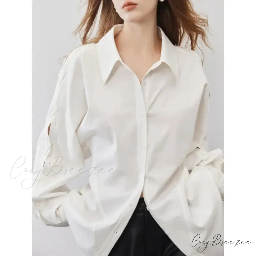 Cotton Long Sleeve Button Up Casual Office Crop Top WHITE / S blouse-250126