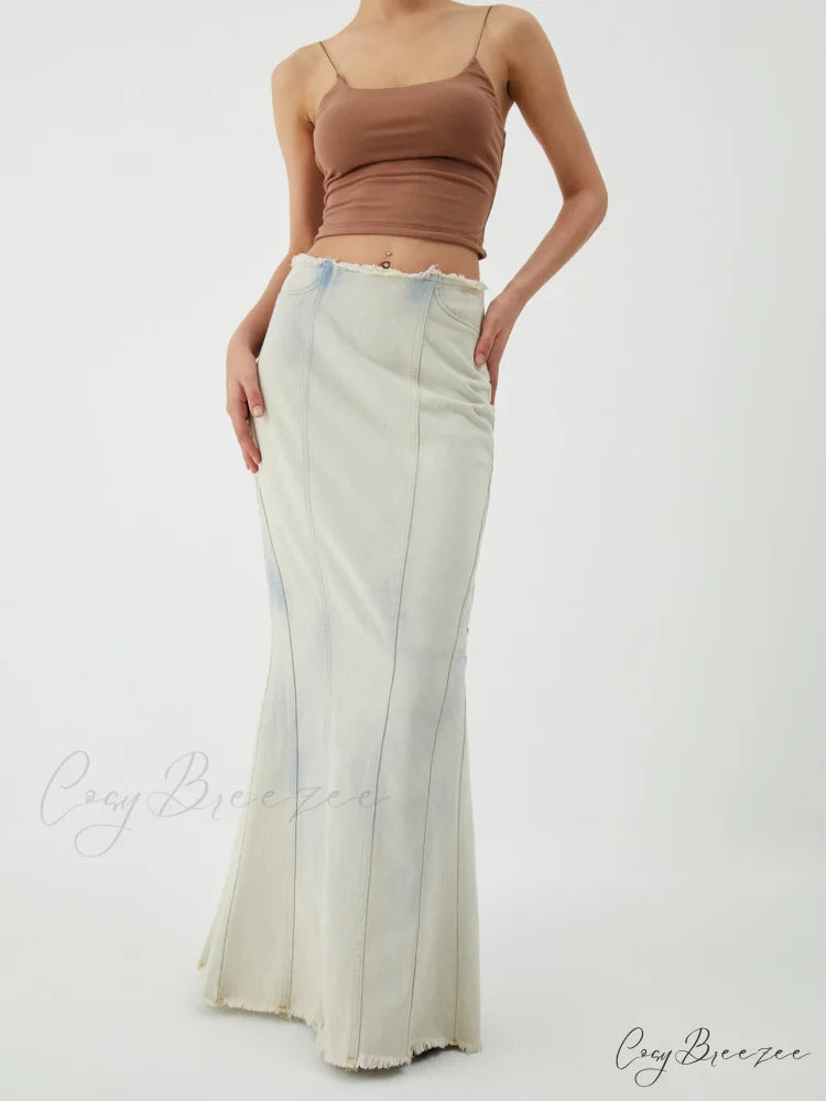 Cotton Minimalism Washed Trendy Denim Maxi Skirt