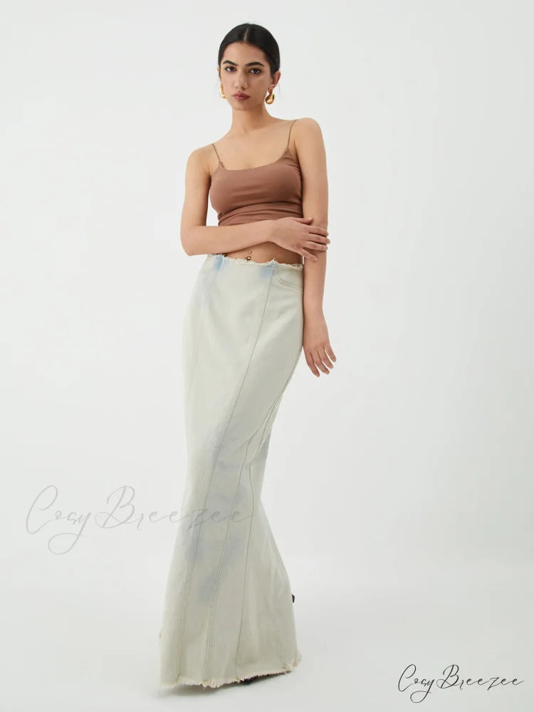 Cotton Minimalism Washed Trendy Denim Maxi Skirt