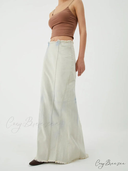 Cotton Minimalism Washed Trendy Denim Maxi Skirt Blue / XS