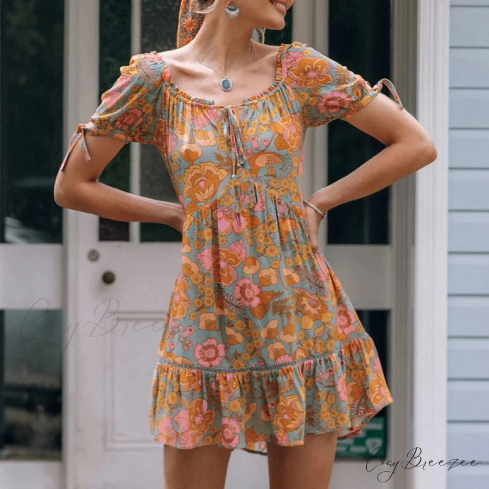 Cotton Orange Floral Boho Dress bohodress-250126