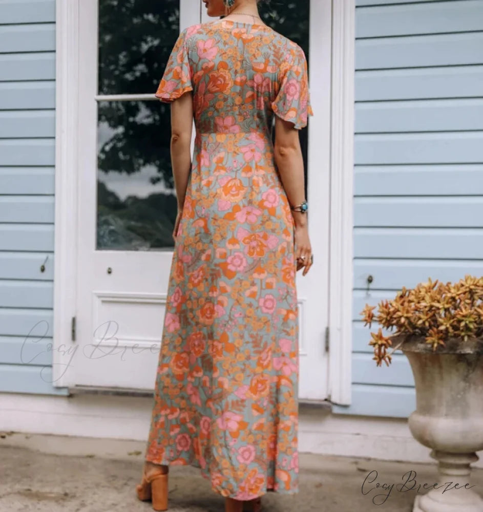 Cotton Orange Floral Boho Dress bohodress-250126