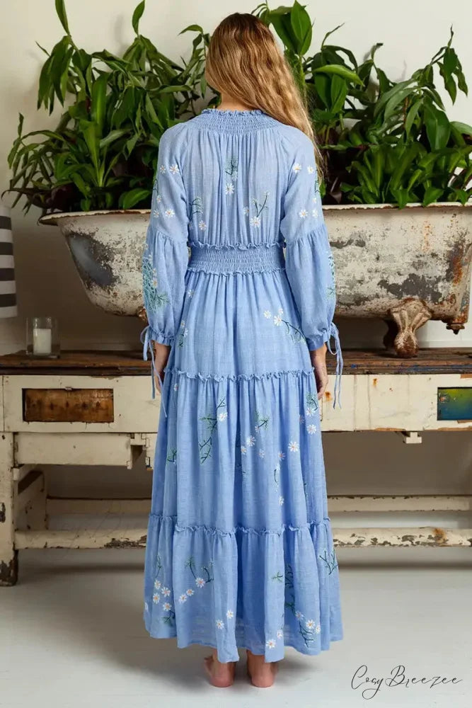Cotton Rayon Blue Floral Embroidery Boho Dress bohodress-250126