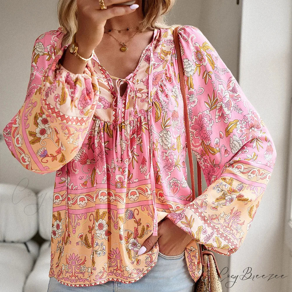 Cotton Rayon Floral Printed Long Sleeve Beach Boho Blouse bohoblouse-250126