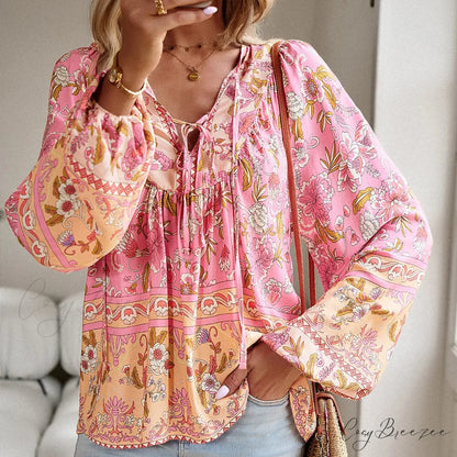 Cotton Rayon Floral Printed Long Sleeve Beach Boho Blouse bohoblouse-250126