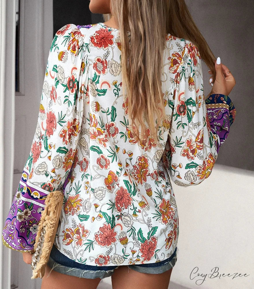 Cotton Rayon Floral Printed Long Sleeve Beach Boho Blouse bohoblouse-250126