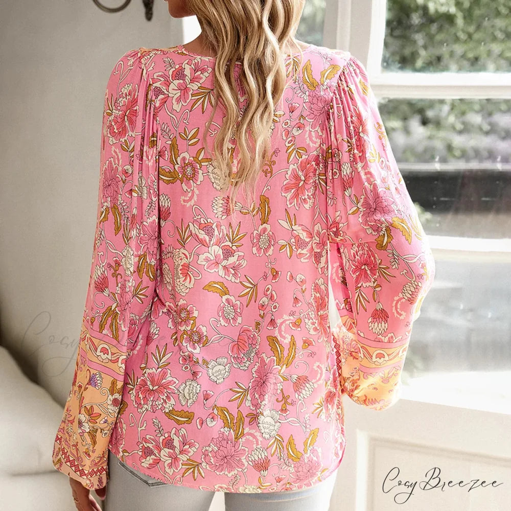 Cotton Rayon Floral Printed Long Sleeve Beach Boho Blouse bohoblouse-250126