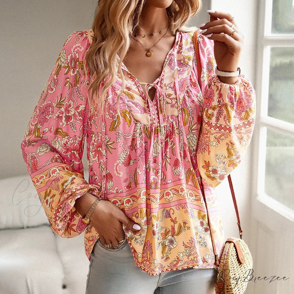 Cotton Rayon Floral Printed Long Sleeve Beach Boho Blouse Pink / S bohoblouse-250126
