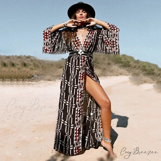 Cotton Rayon Kimono Robe Bikini Cover-up Dark Brown / One Size bohodress-250126