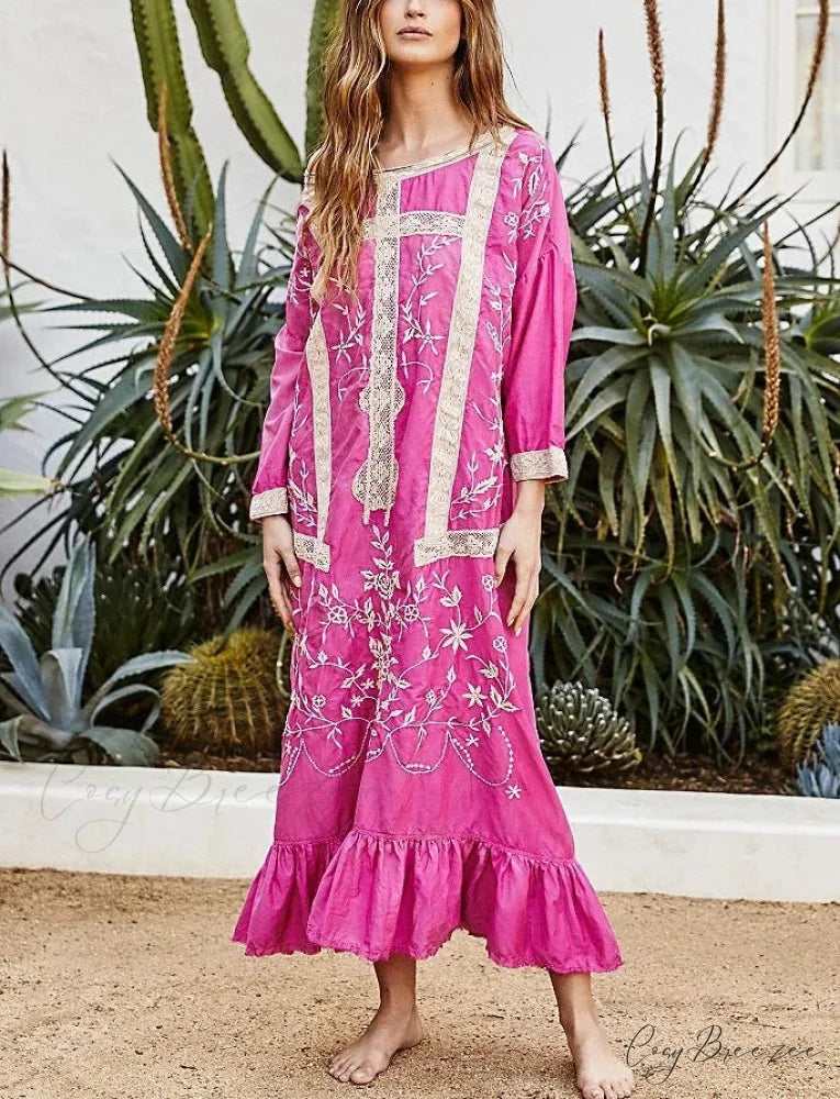 Cotton Rayon Long Sleeve Boho Dress Rose red / S bohodress-250126
