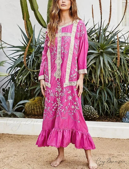 Cotton Rayon Long Sleeve Boho Dress Rose red / S bohodress-250126