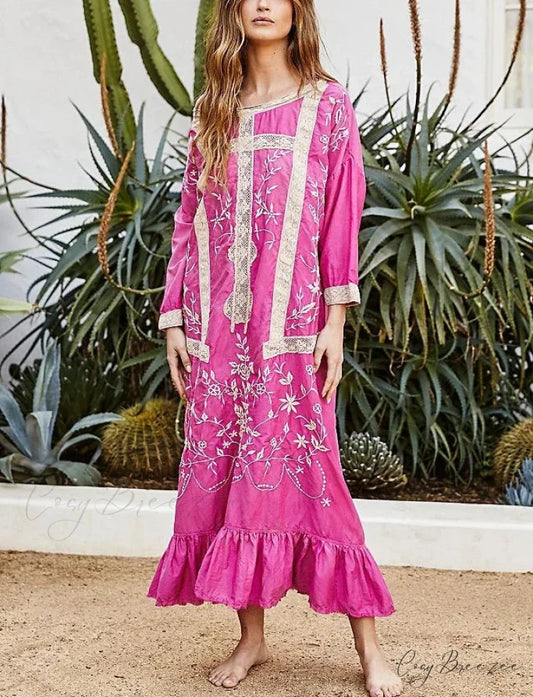 Cotton Rayon Long Sleeve Boho Dress Rose red / S bohodress-250126